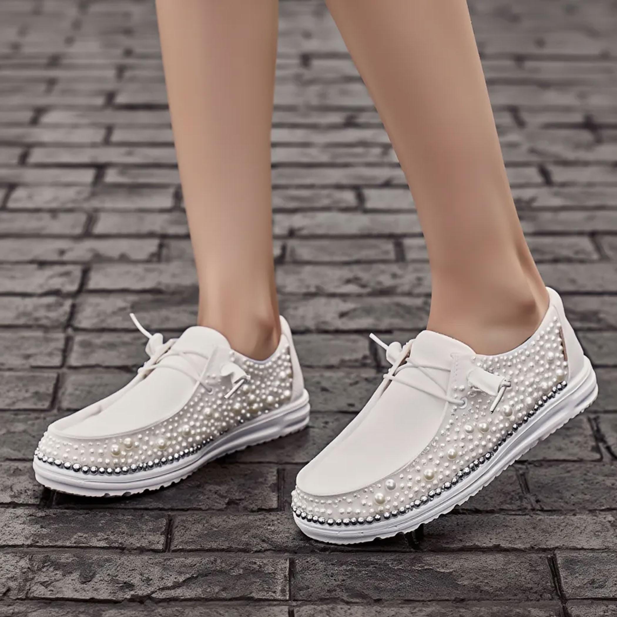 Custom Dudes Bridal Sneakers – Personalized Rhinestone Pearl Wedding