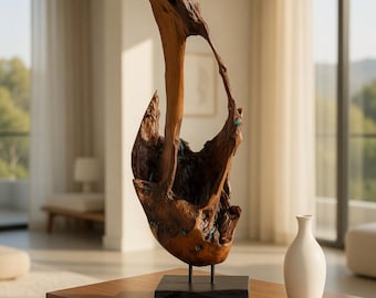 Driftwood Sculpture - Indonesian Teak with Crushed Turquoise Inlay | Wood Sculpture Art