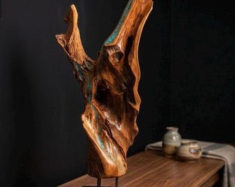 Driftwood Sculpture - Indonesian Teak with Genuine Turquoise Inlay | Wood Sculpture Art