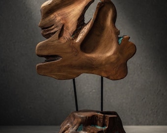 Driftwood Sculpture - Indonesian Teak with Crushed Turquoise Inlay | Wood Sculpture Art
