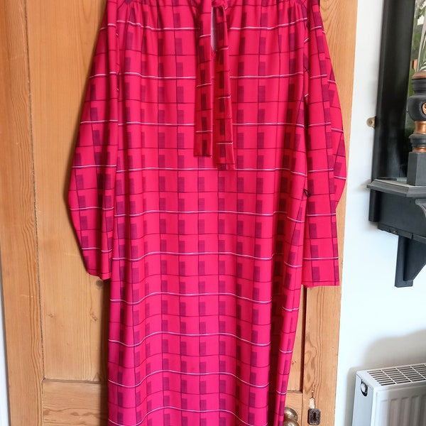 Vintage St Michael 1980s Electric Pink Black Check New Wave Pussybow Dress 16
