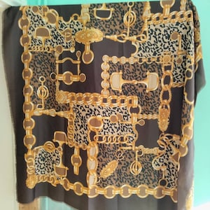 Vintage 1980s brown gold leopard & chain print large square scarf wrap 46"