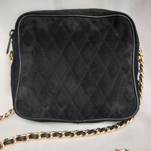Vintage Quilted Black & Gold Real Suede Chain Strap Crossbody Shoulder Handbag