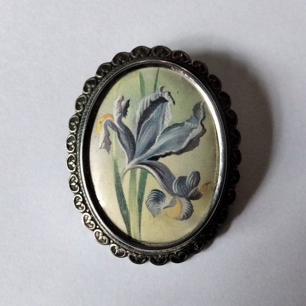 Vintage mid century 1960s TLM Silvertone Oval Purple Iris Flower Brooch Pin