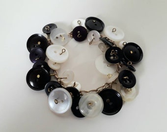 Hand made upcycled reworked OOAK goldtone and black and white monochrome vintage button charm bracelet