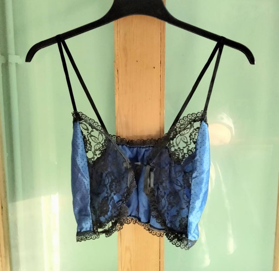 Vintage Ann Summers Blue Polka Dot Satin & Black Lace Cami Bra Lingerie 10  12 14 