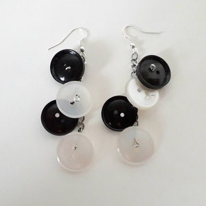 Hand made upcycled reworked OOAK vintage button earrings silvertone and black white monochrome drop dangly style