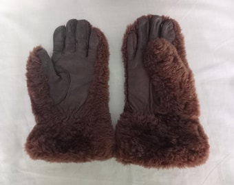 Vintage 1960s Brown Real Leather and Sheepskin Shearling Gloves M L Unisex