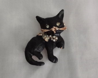Vintage 1980s Goldtone & Black Painted Diamante Cat Brooch