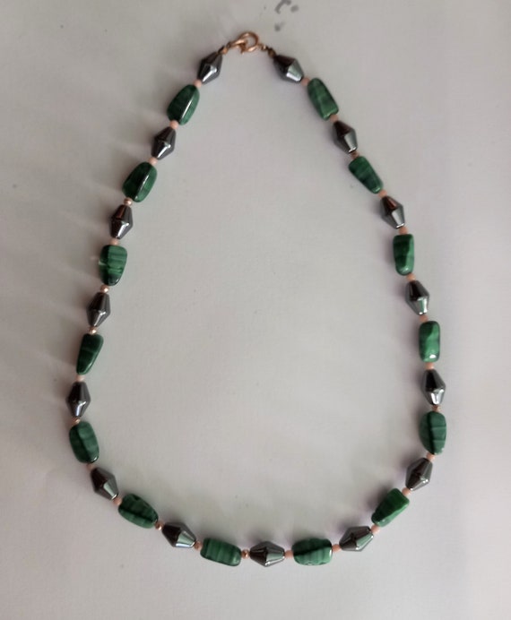 Vintage Green Pearlised glass & Pewter Grey Stone 