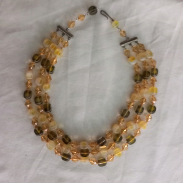 Vintage 1960s triple strand glass bead necklace yellow Glass opal 3 strands