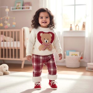 Teddy Bear Knit Outfit: Baby Plaid Pants Set, Winter Clothing