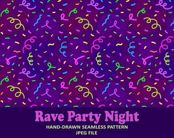 Neon Rave Party Seamless Pattern, Retro 90s Memphis Digital Paper, Bright Confetti Background, Colorful Squiggles for Fabric & Print