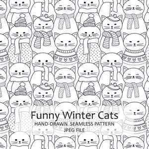 以下が含まれることがあります： 冬の服装をした漫画の猫が描かれた、白黒のシームレスパターン。猫はスカーフ、帽子、セーターを着ています。画像の下部には「Funny Winter Cats」というテキストが表示されています。