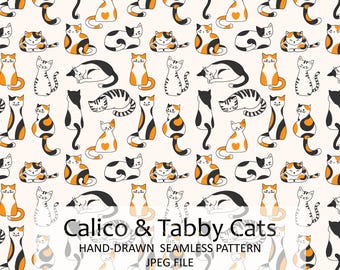 Cat Pattern, Calico Tabby Cats Repeating, Pets Pattern, Fabric print, JPG (Digital Download)