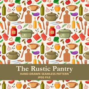 May include: A seamless pattern featuring hand-drawn illustrations of kitchen and pantry items. The design includes pots, cutting boards, vegetables, jars, and utensils in a repeating arrangement. The color palette is warm, with earthy tones and pops of red and green.