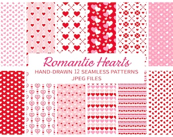 Valentine's Hearts Pattern Bundle, Pink and Red Digital Paper, Fabric Design, JPG, Instant Download