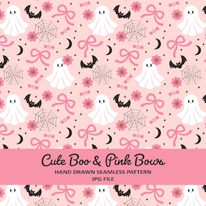 May include: A seamless pattern on a light pink background featuring white ghosts, black bats, pink bows, spider webs, pink flowers, black crescent moons, and small candies. The text reads Cute Boo & Pink Bows, HAND DRAWN SEAMLESS PATTERN, JPG FILE.