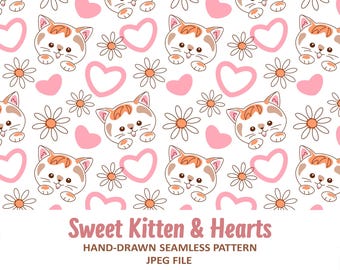 Cat and Hearts Pattern, Digital Paper, Sweet Daisy Floral Background for Nursery, Pastel Hand-Drawn Pet Fabric Print
