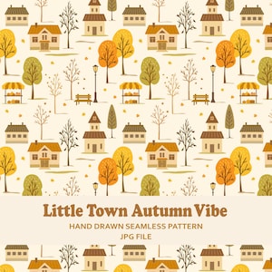 Herbst Stadt Musterdesign, Hand gezeichnet Herbst Dorf Digitales Papier, niedliche gemütliche Häuser Stoff-Design, Thanksgiving, JPG