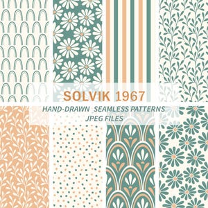 May include: A selection of hand-drawn seamless patterns. Designs include daisies, stripes, arches, dots, and leaf motifs in teal, peach, and cream. The image includes the text "SOLVIK 1967" and "HAND-DRAWN SEAMLESS PATTERNS".