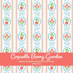 May include: A seamless pattern featuring vertical stripes of light blue scalloped ovals containing red flowers or red berries with green leaves, separated by light blue bows and red dotted lines. Text reads Coquette Berry Garden.