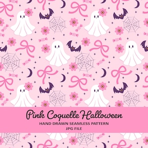 May include: A seamless pattern on a light pink background featuring white ghosts with pink flowers, purple bats, pink bows, spider webs, small pink flowers, wrapped candies, and dark purple crescent moons. Text reads Pink Coquette Halloween.