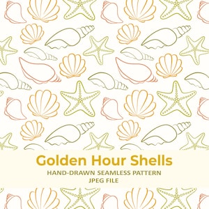 May include: A seamless pattern featuring hand-drawn seashells and starfish in shades of gold, green, and coral on a white background. The text "Golden Hour Shells" is displayed in gold, with "HAND-DRAWN SEAMLESS PATTERN" and "JPEG FILE" below.