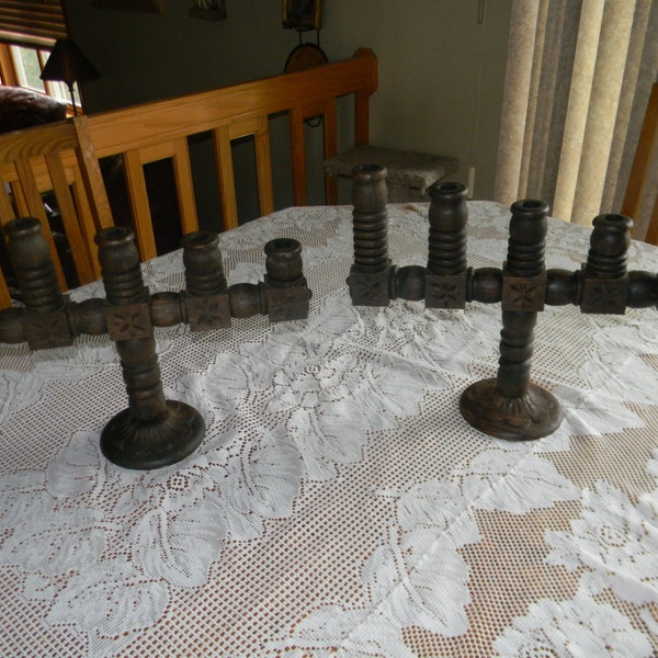 Hand Craved Pine CANDLE Holders. Gothic Folk Art.Religious Antiques.Holiday candles.Table display.Valentines Day party