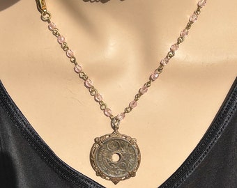 French-sided coin Pendant. Vintage setting and Rosary chain.