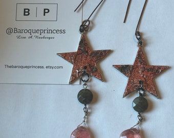 Falling stars Custom STAR earrings. Vintage replica star medals. Cherry Quartz and Labradorite gems. Shepard hook STATEMENT earrings