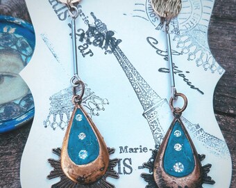 Long light Vintage Metal earrings with Swarovski crystals in Blue Clay