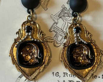 Gold Baroque intaglio vintage glass cabochon pierced post statement earrings. Roman soldier cabachon