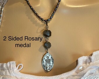 Black pearl And Labradorite Necklace Choker. Sacred Mother Rosary medal pendant. Layering jewelry.