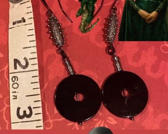 Genuine Gemstone Onyx disc Earrings. Textured pewter beads. Titanium black hooks.