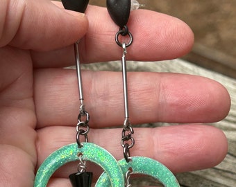 Long half-moon Statement earrings with Genuine Onyx beads. Sterling silver. Green & black. Lightweight