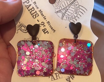 Hot pink Glam Barbie Earrings. Black heart pierced posts. Recycled Brass. Nice light weight. Sparkling sequins