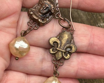 JOAN of Arc & Fleur De Lys FRENCH vintage charm earrings set. Miriam Haskell glass pearls. Repurposed gingerbread Metals. Copper hooks