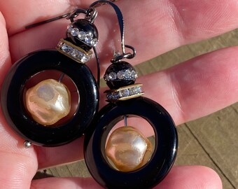 Miriam Haskell vintage glass pearl earrings. Genuine Black Agate gemstone Circle Vintage French Crystal square spacers.Lighter weight