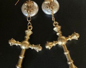 Miriam Haskell repurposed hollow brass Cross earrings .lightweight STATEMENT EARRINGS