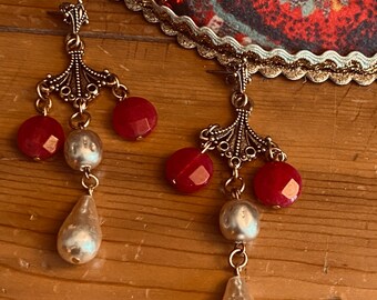 Miriam Haskell glass pearls & watermelon Quartz post-pierced dangle earrings. Vintage Repurposed jewelry