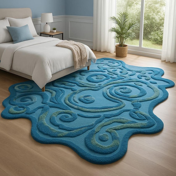 Abstract Blue Swirl Rug: Modern 3D Textured Carpet
