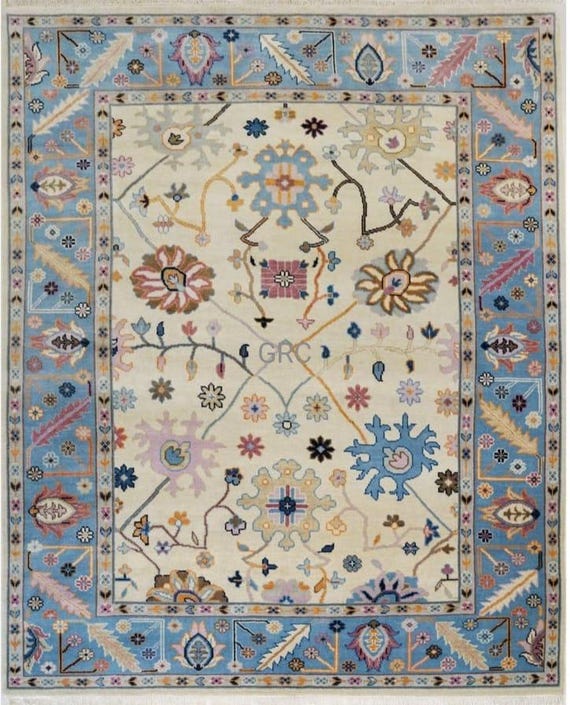 Handmade Wool Area Rug: Cream & Blue Turkish Floral Design