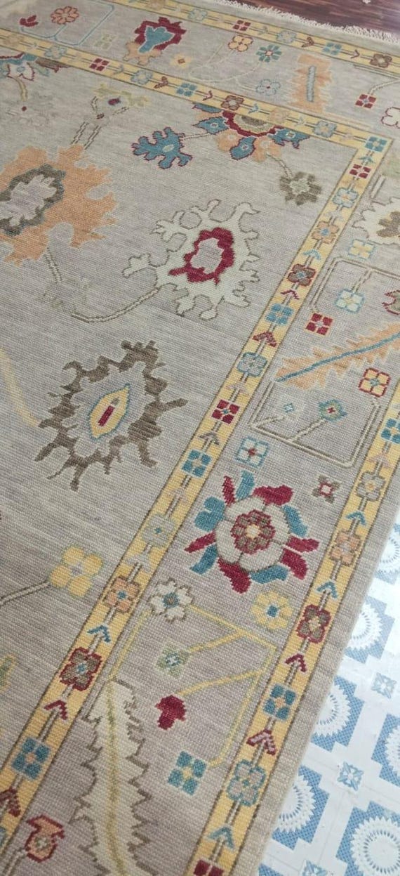 Handmade Oushak Wool Rug: Turkish Floral Beige Carpet 8x10