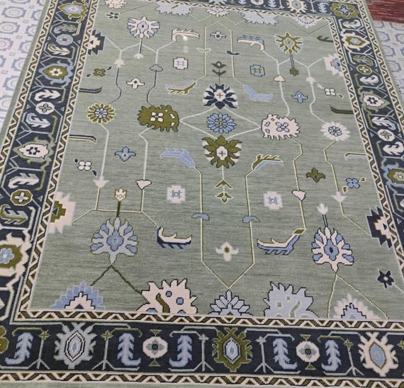 Handmade Wool Area Rug: Green Floral Geometric Turkish Oriental Style