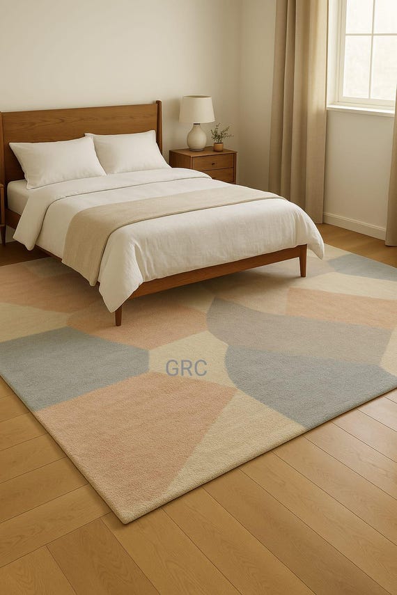 Modern Geometric Wool Rug – Handmade Abstract Pastel Carpet