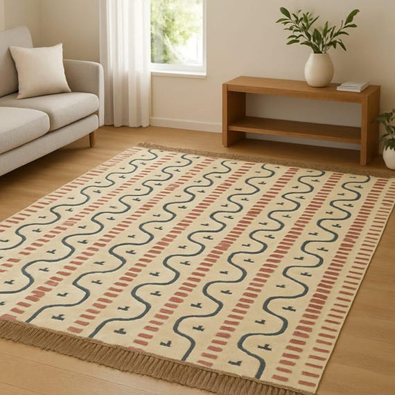 Handmade Geometric Wool Rug: Beige Oushak Style, Boho Decor