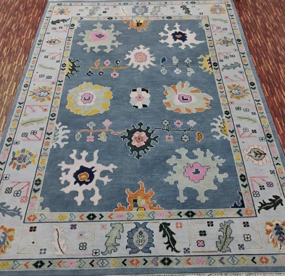 Handmade Blue Floral Oriental Rug: Turkish Kilim Style, Boho Decor