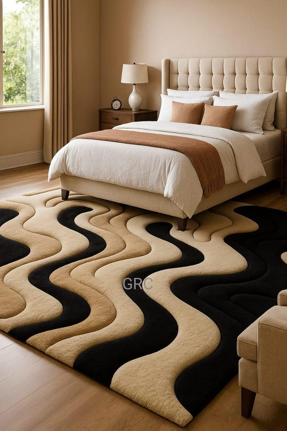 3D Wave Wool Rug – Black and Beige Hand-Tufted Modern Carpet