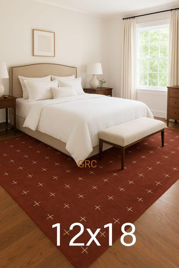Large Rust Red Wool Area Rug: Modern Cross Grid (12x18 ft)